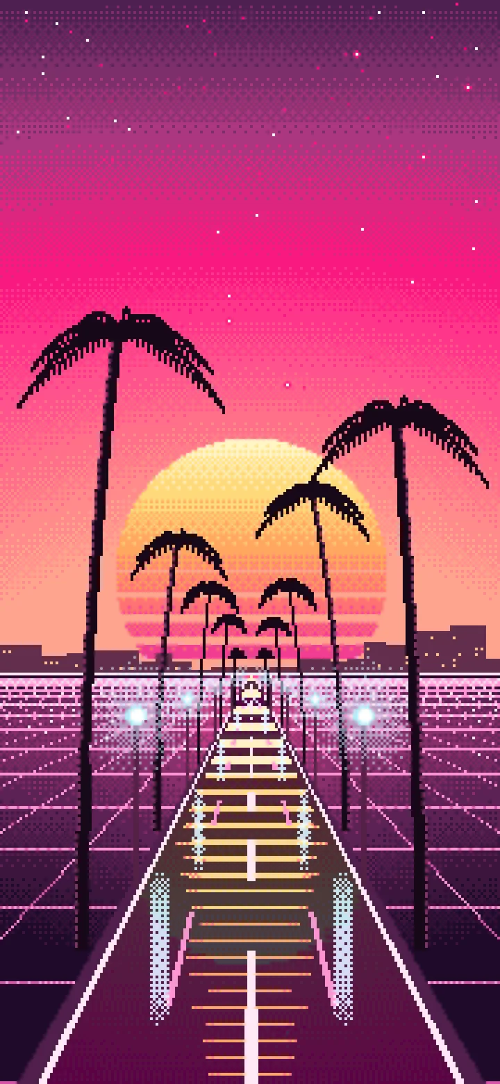 Hot Pink Pixel Art Synthwave Palm Boulevard wallpaper for iPhone and Android