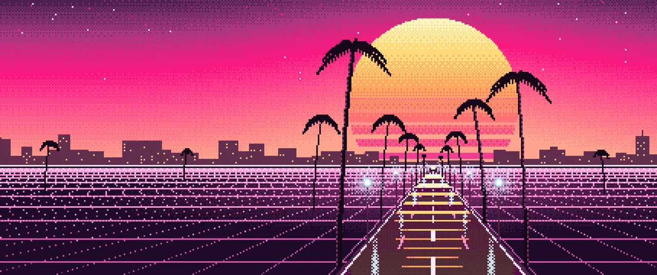 Hot Pink Pixel Art Synthwave Palm Boulevard ultrawide wallpaper, 3440 × 1440