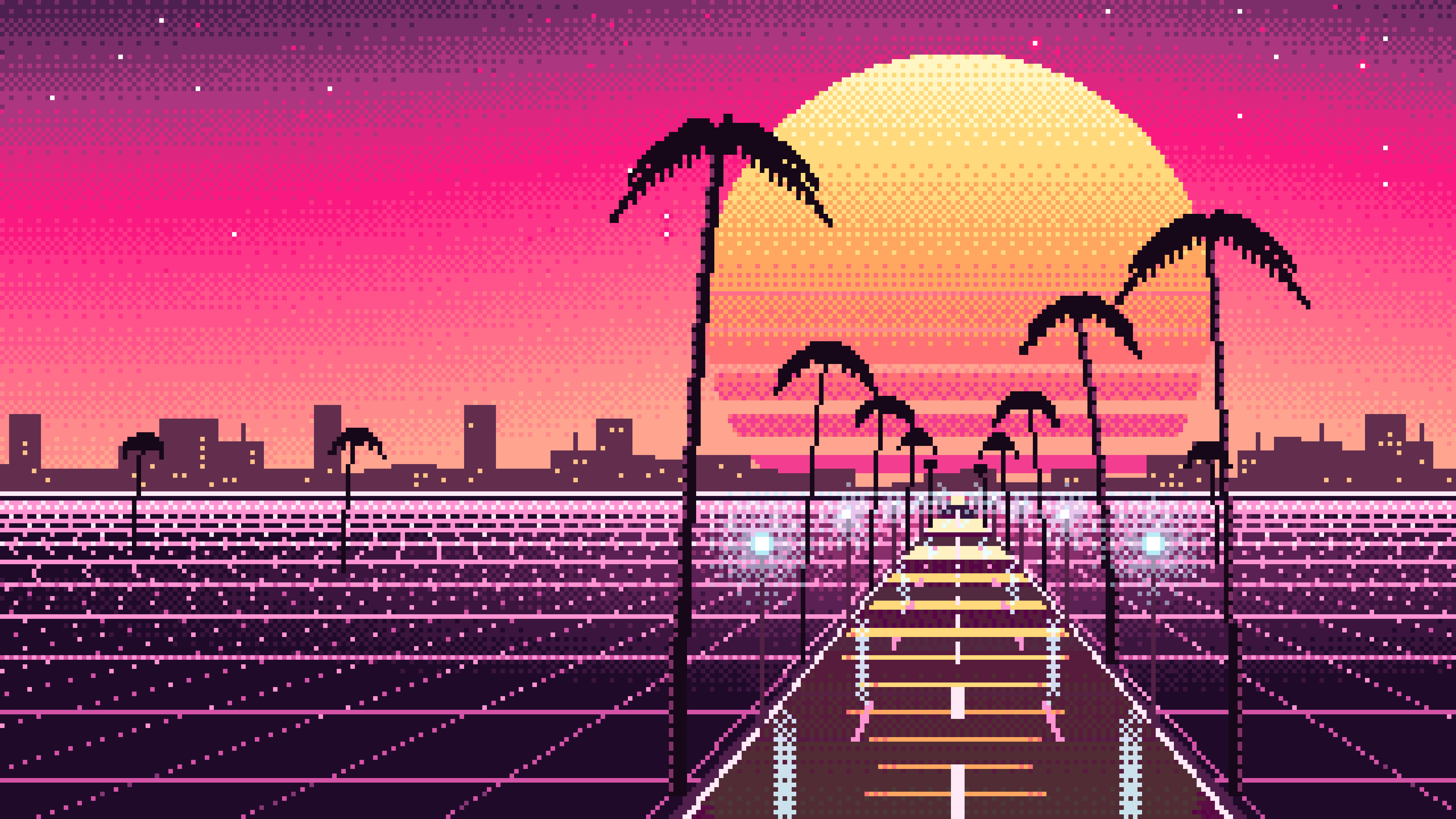 Hot Pink Pixel Art Synthwave Palm Boulevard desktop wallpaper in 4K