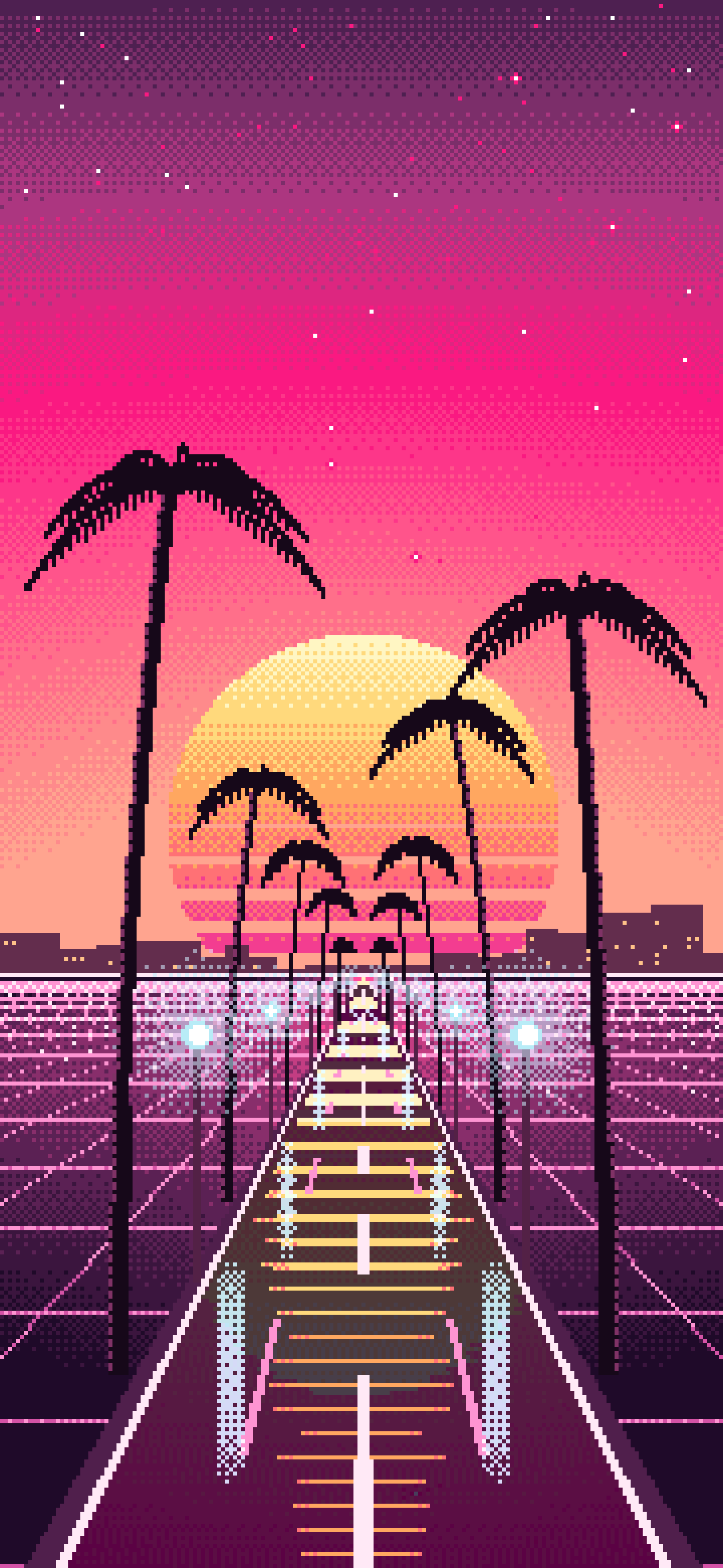 Hot Pink Pixel Art Synthwave Palm Boulevard wallpaper for iPhone and Android