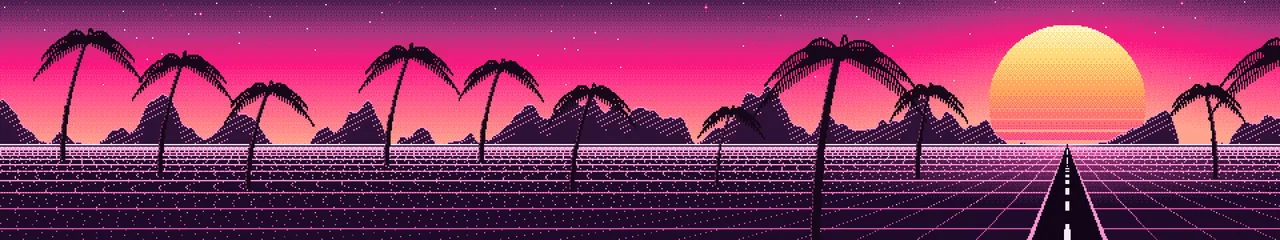Hot Pink Pixel Art Synthwave triple monitor wallpaper, 7680 × 1440