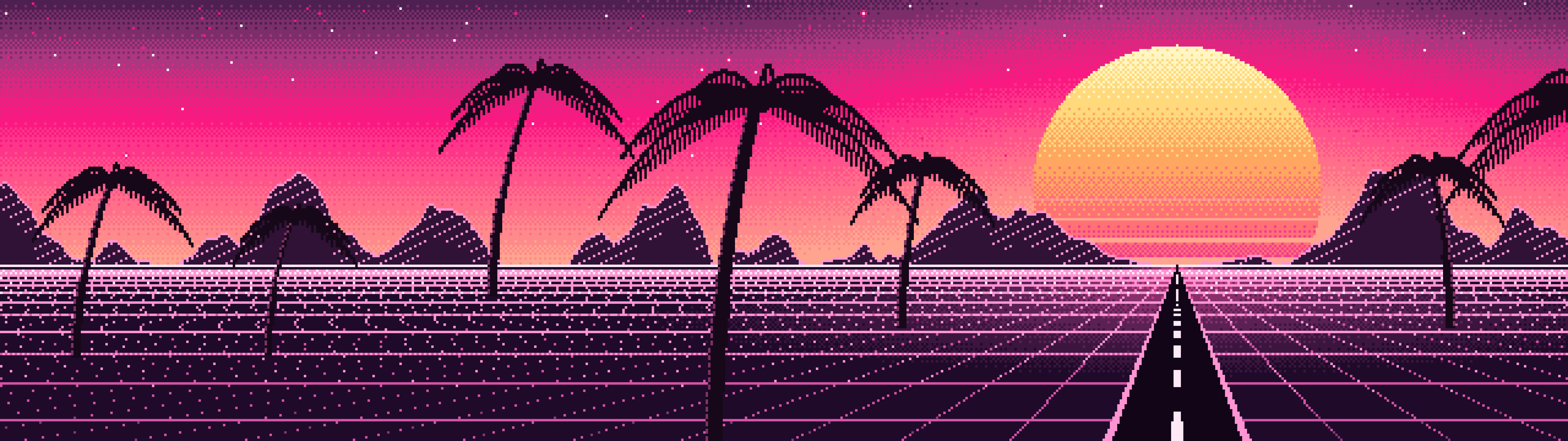 Hot Pink Pixel Art Synthwave dual monitor wallpaper, 7680 × 2160