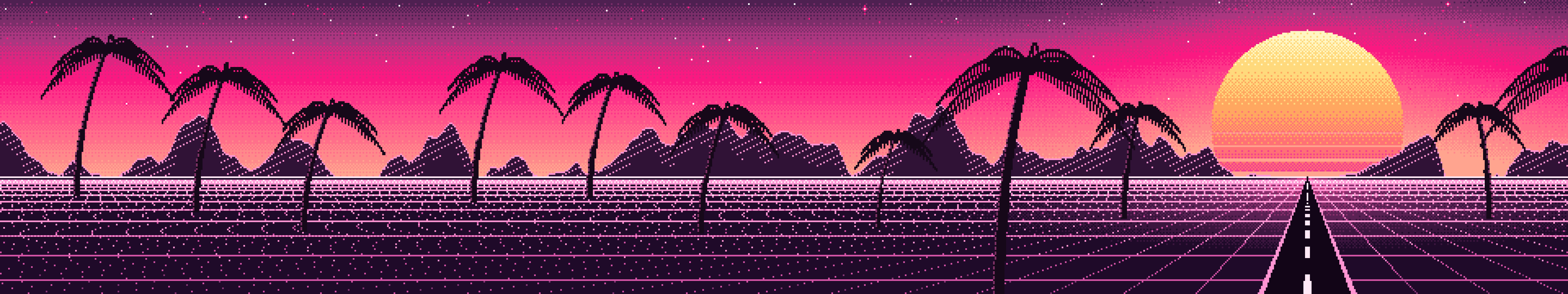 Hot Pink Pixel Art Synthwave triple monitor wallpaper, 7680 × 1440