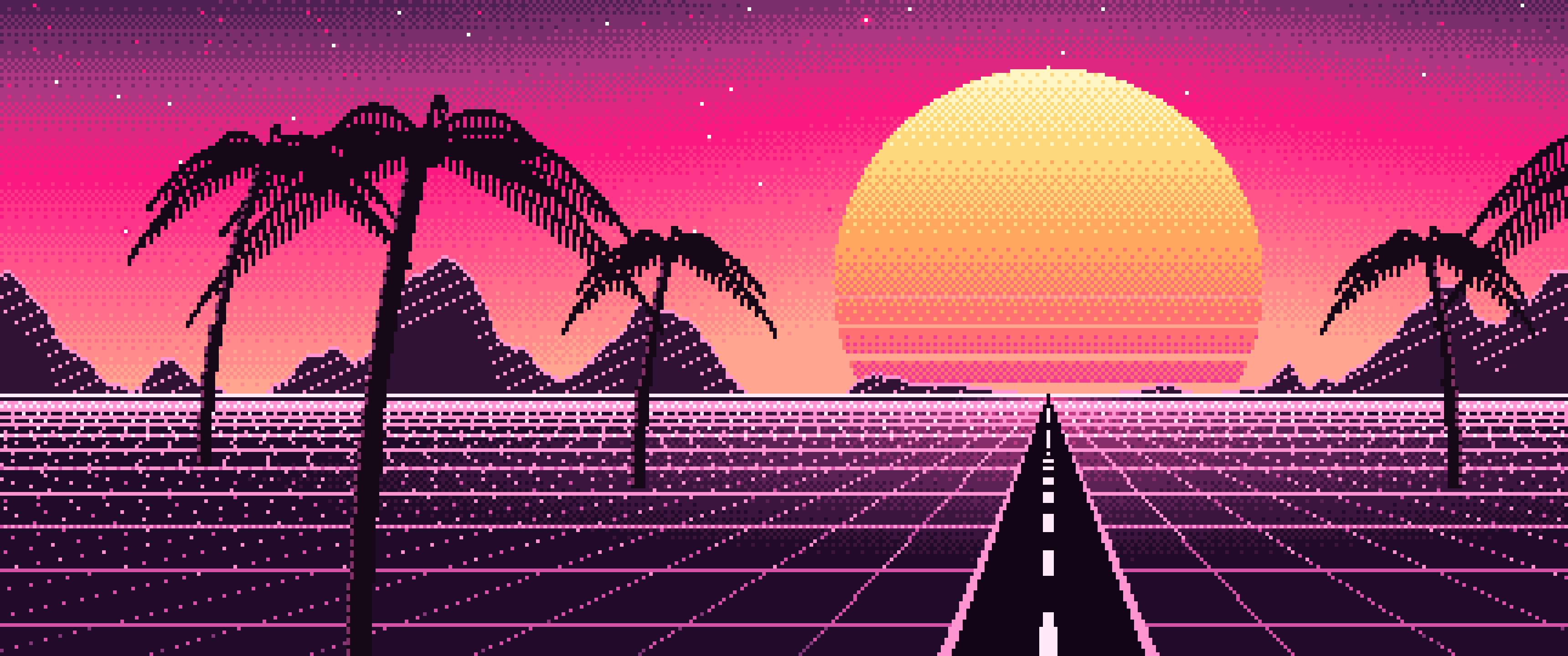 Hot Pink Pixel Art Synthwave ultrawide wallpaper, 3440 × 1440