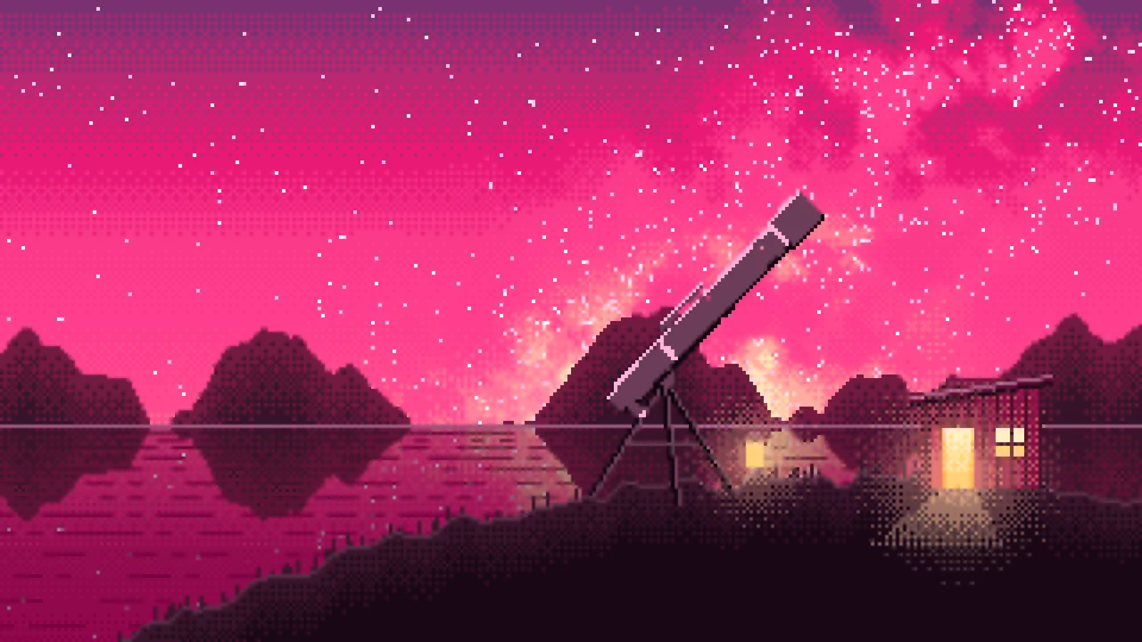 Hot Pink Pixel Art Telescope Under the Milky Way desktop wallpaper in 4K