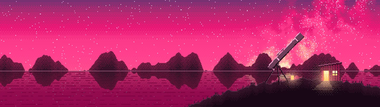 Hot Pink Pixel Art Telescope Under the Milky Way dual monitor wallpaper, 7680 × 2160