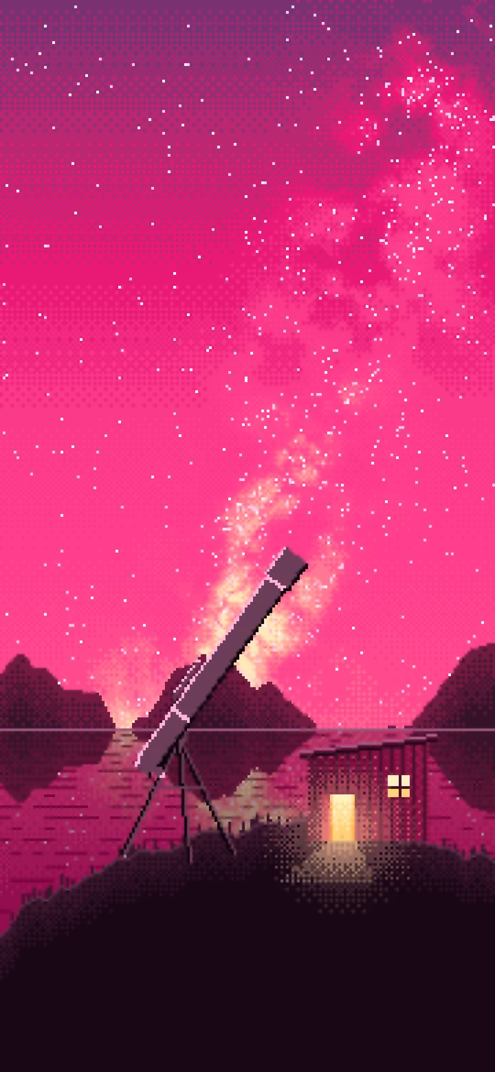 Hot Pink Pixel Art Telescope Under the Milky Way wallpaper for iPhone and Android