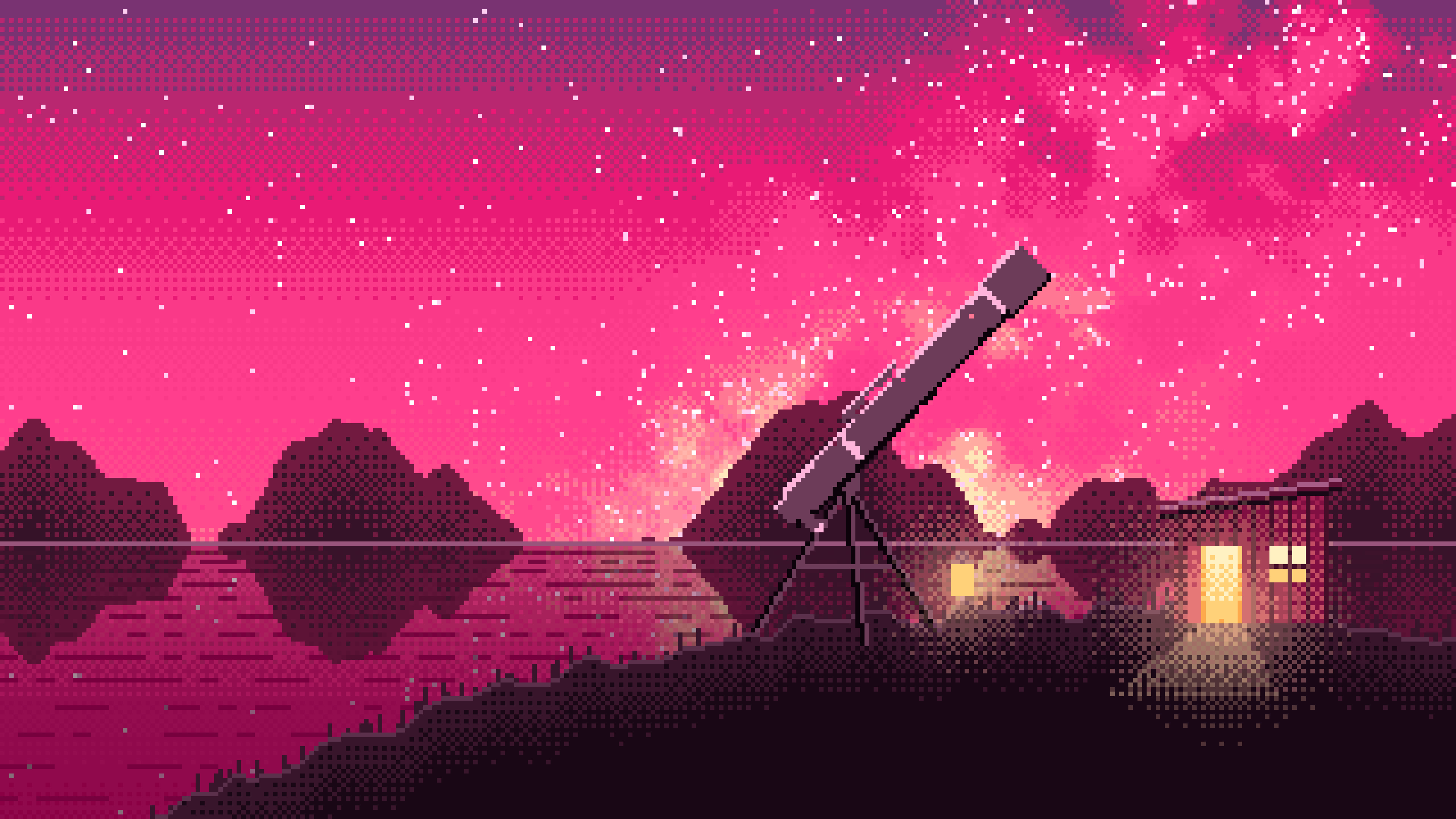 Hot Pink Pixel Art Telescope Under the Milky Way desktop wallpaper in 4K