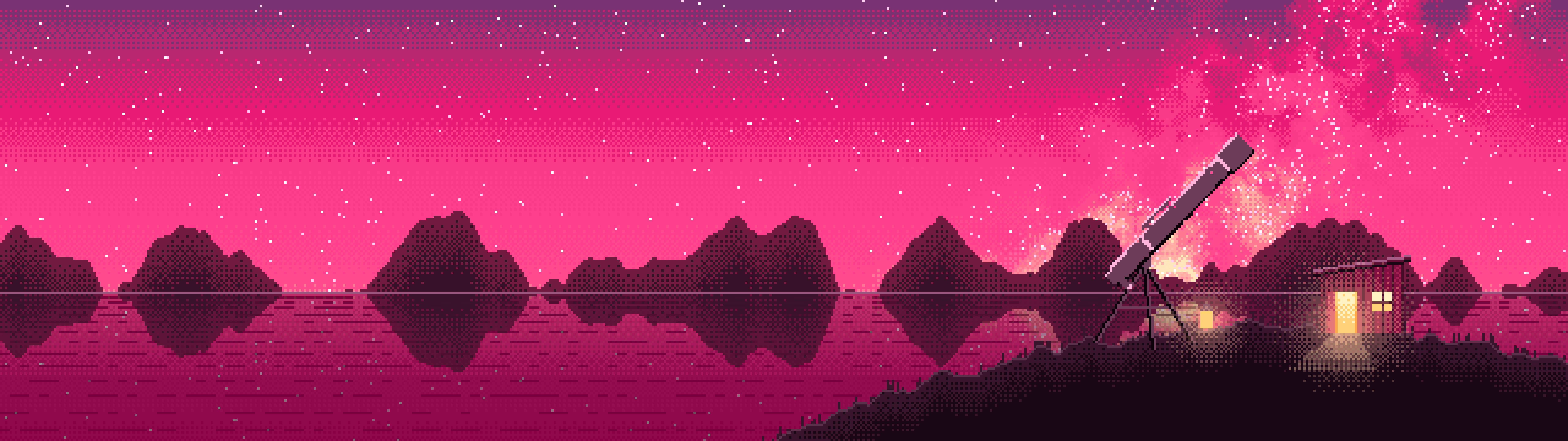 Hot Pink Pixel Art Telescope Under the Milky Way dual monitor wallpaper, 7680 × 2160
