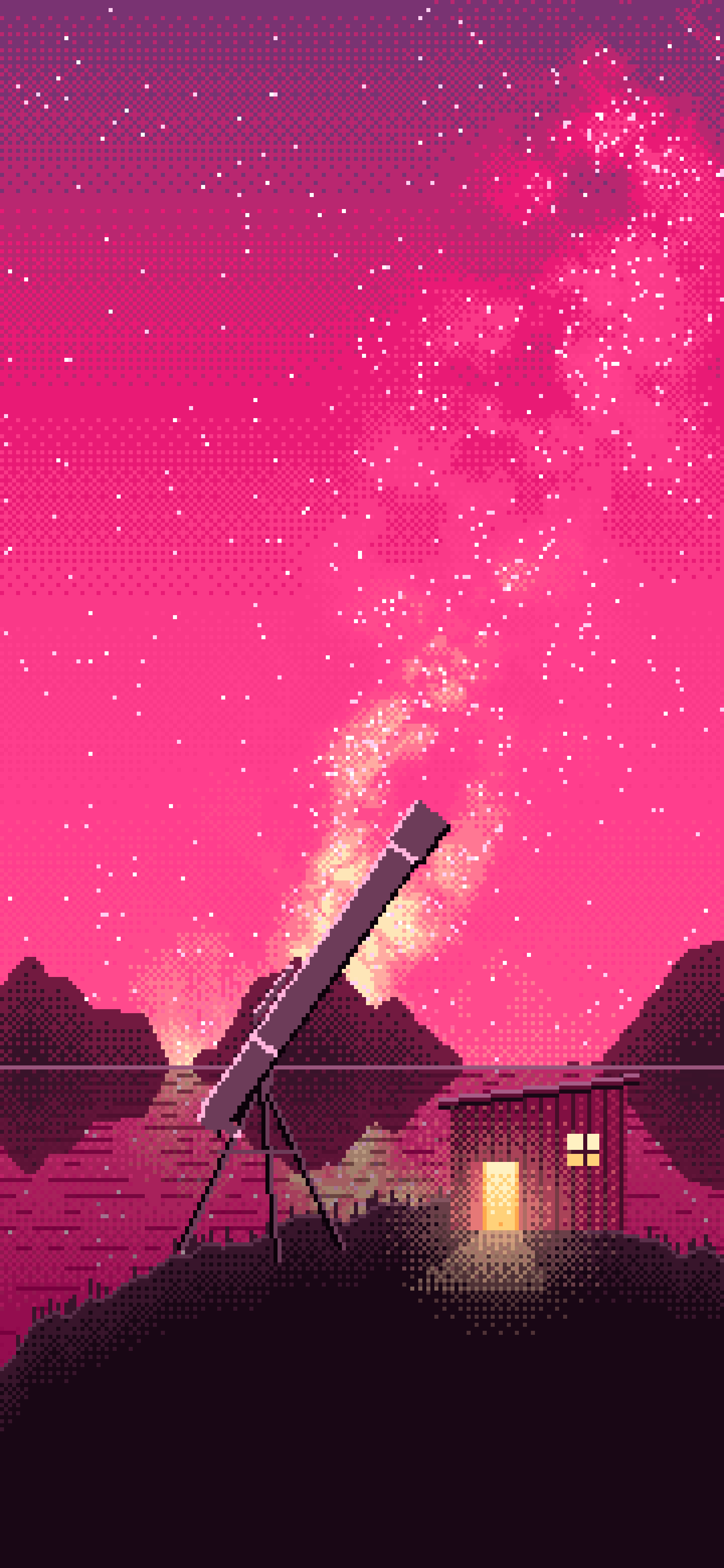 Hot Pink Pixel Art Telescope Under the Milky Way wallpaper for iPhone and Android