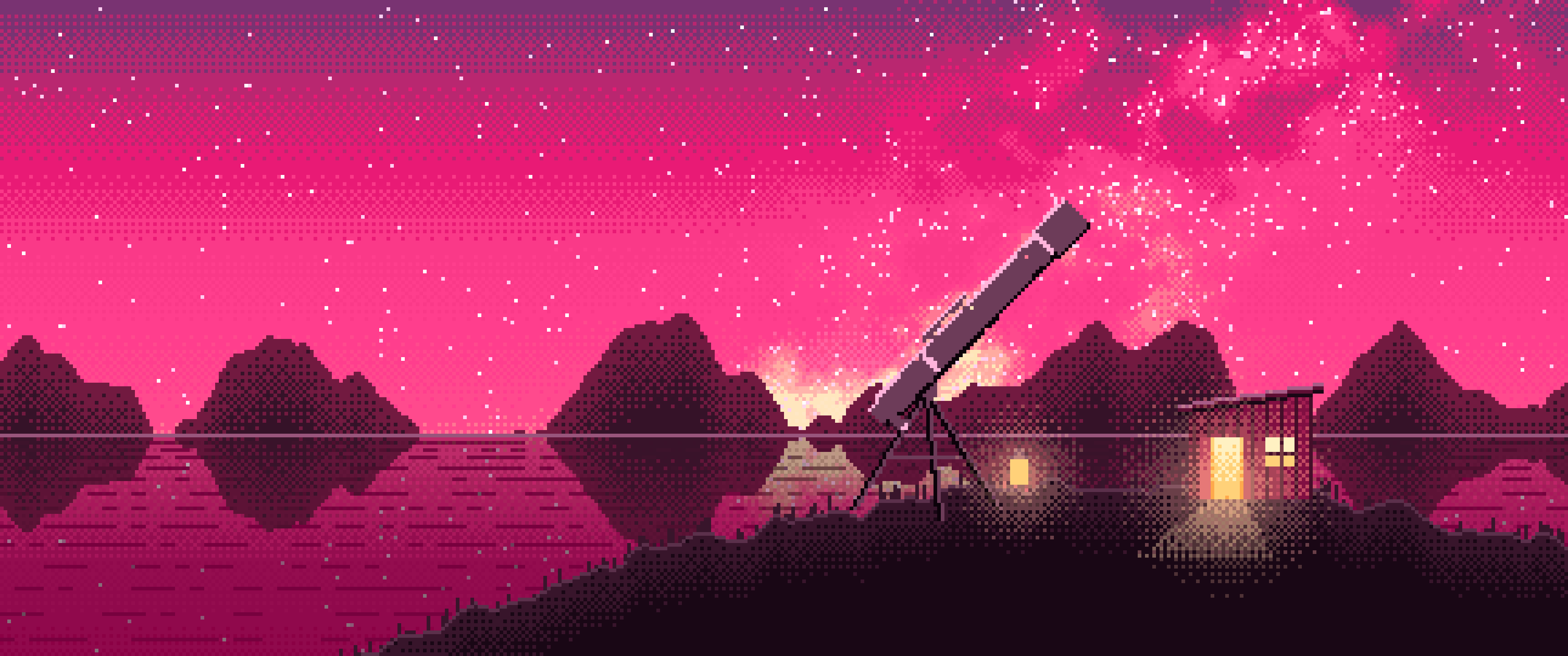 Hot Pink Pixel Art Telescope Under the Milky Way ultrawide wallpaper, 3440 × 1440