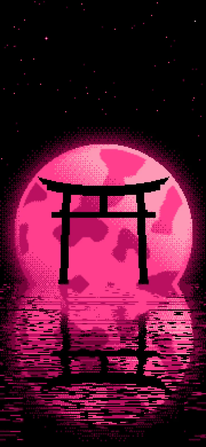 Hot Pink Pixel Art Torii Gate and Moon wallpaper for iPhone and Android