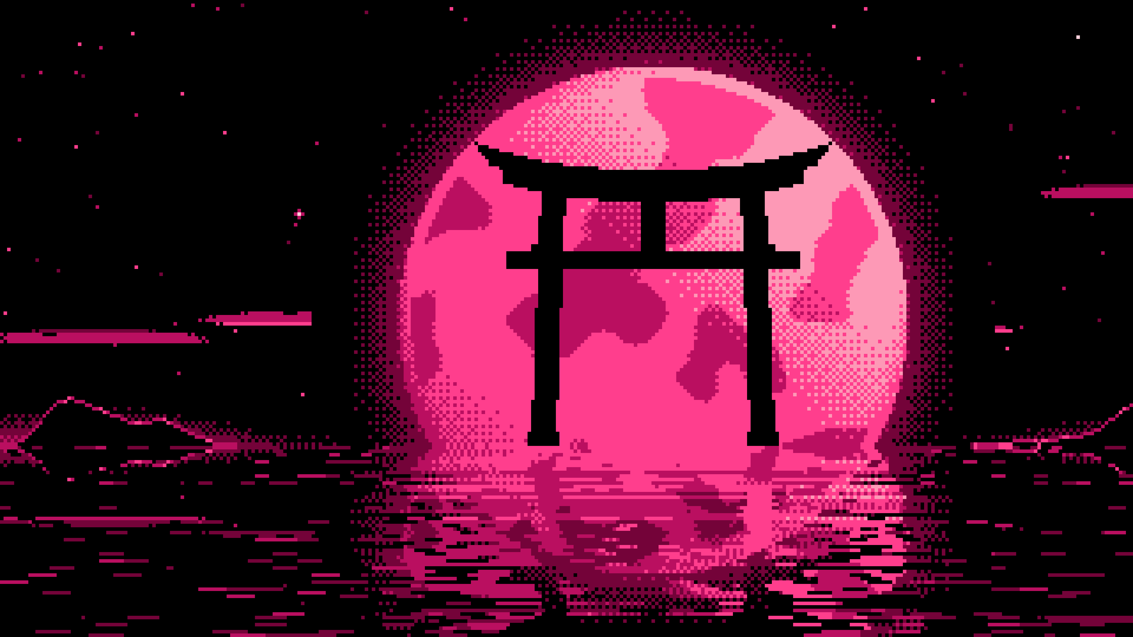 Hot Pink Pixel Art Torii Gate and Moon desktop wallpaper in 4K