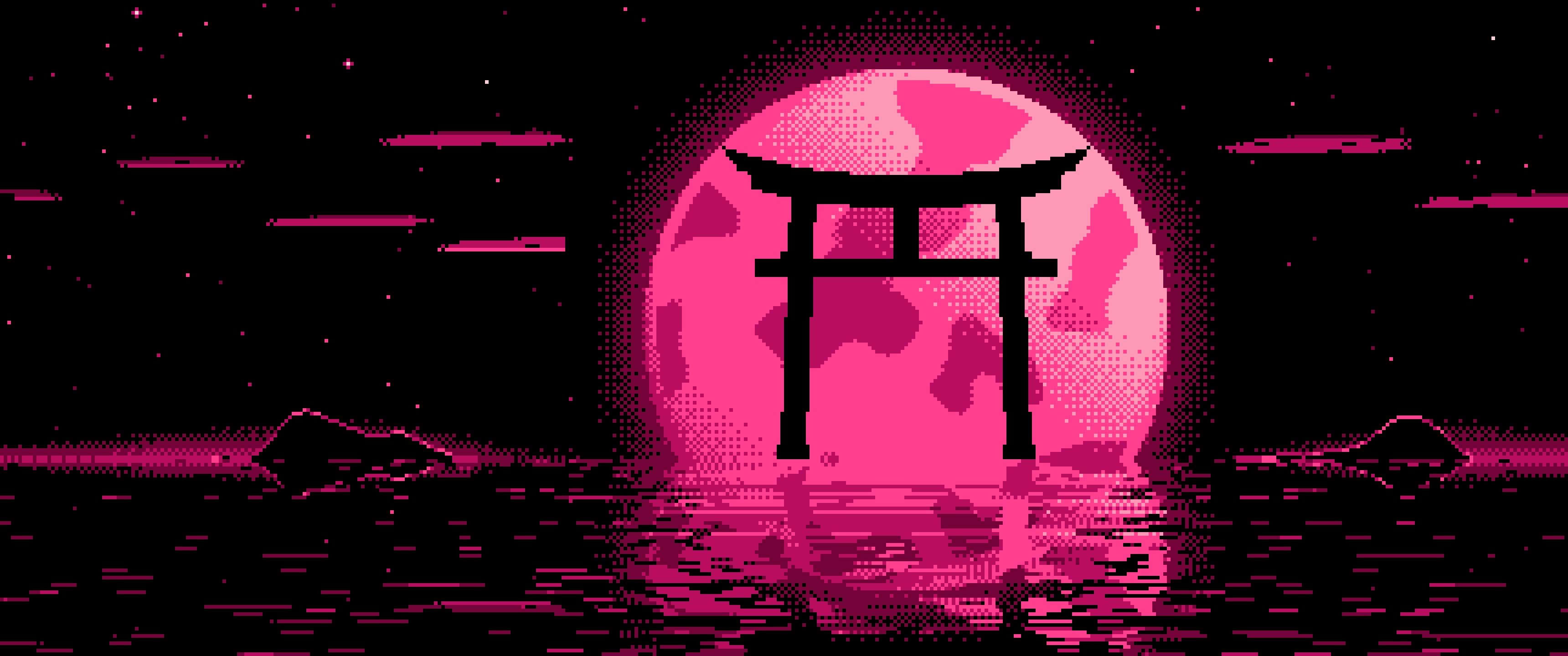 Hot Pink Pixel Art Torii Gate and Moon ultrawide wallpaper, 3440 × 1440