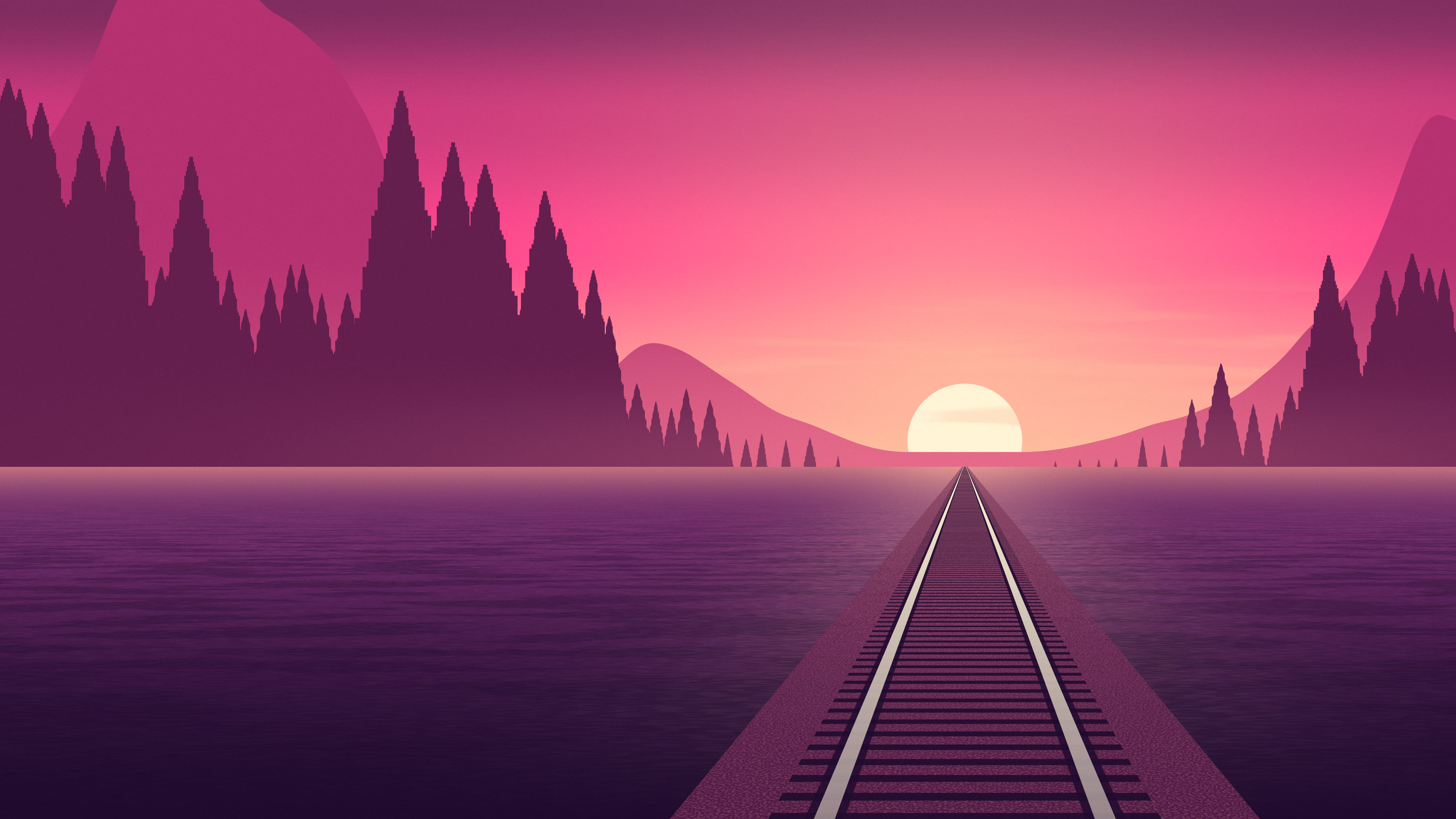 Hot Pink Railway Tracks at Sunset desktop wallpaper in 4K