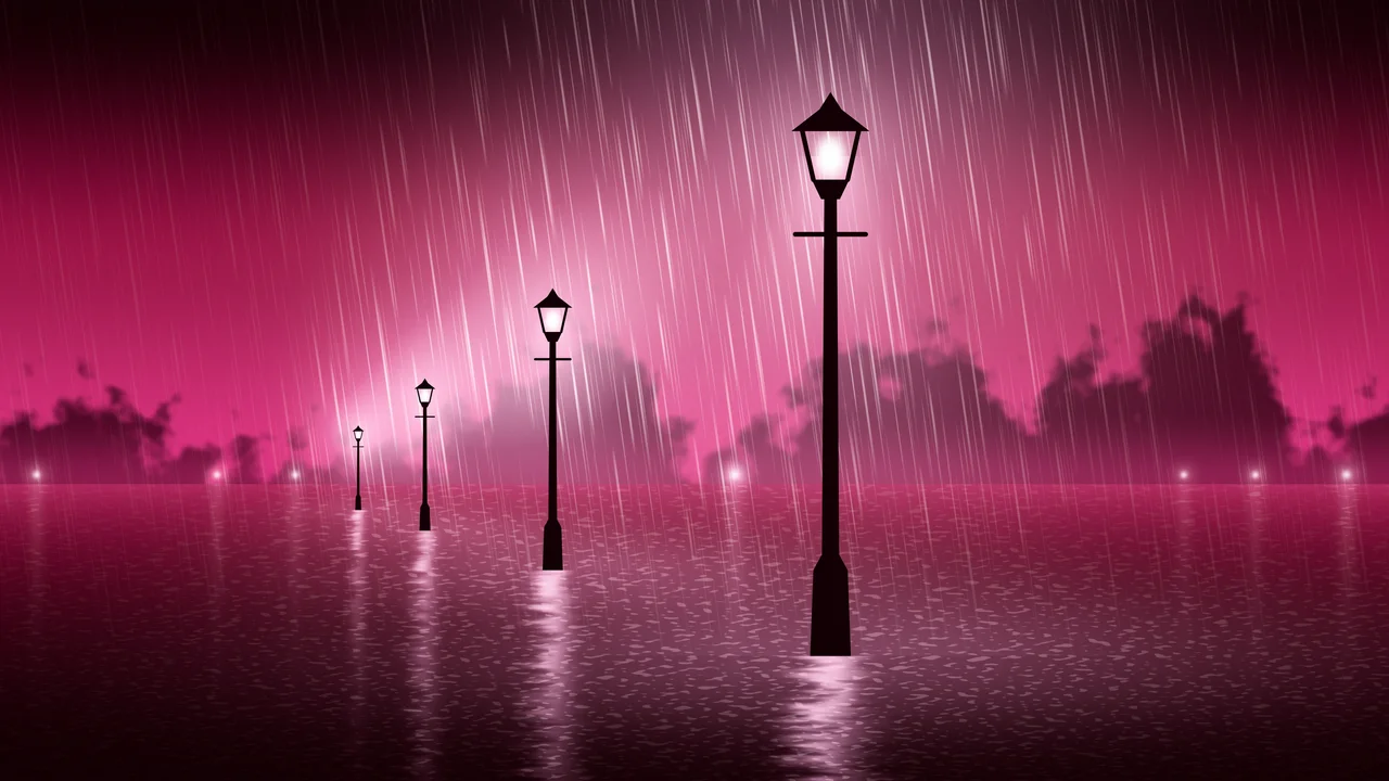 Hot Pink Rainy Street Lamp desktop wallpaper in 4K