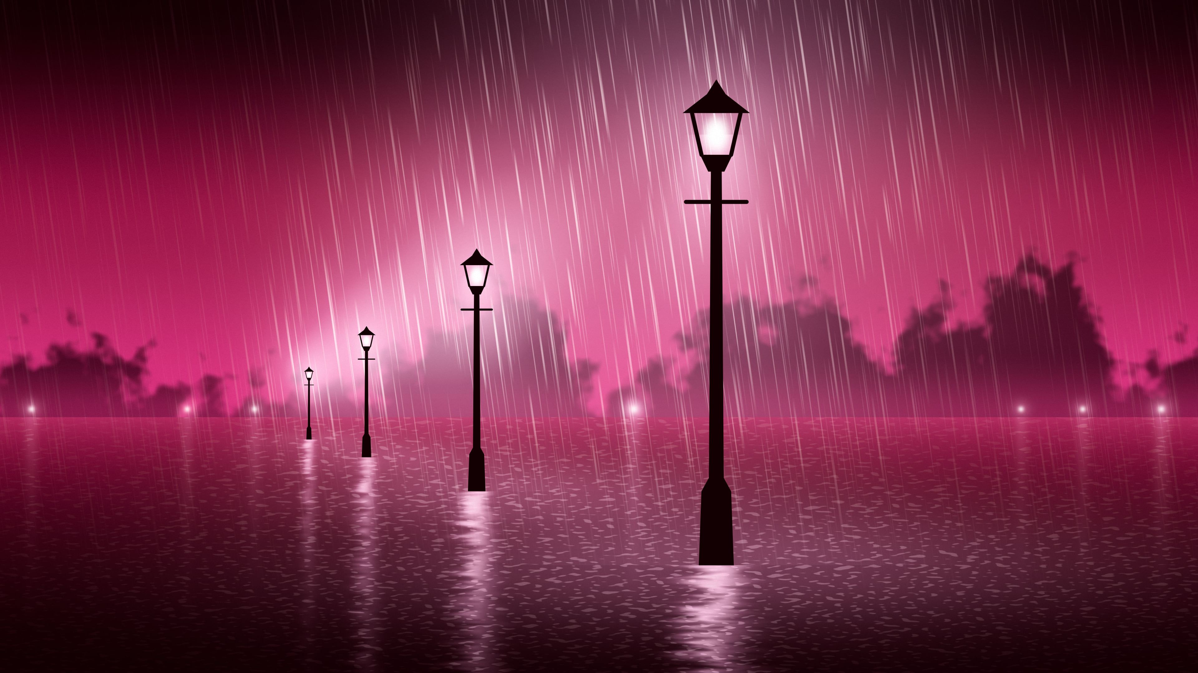 Hot Pink Rainy Street Lamp desktop wallpaper in 4K