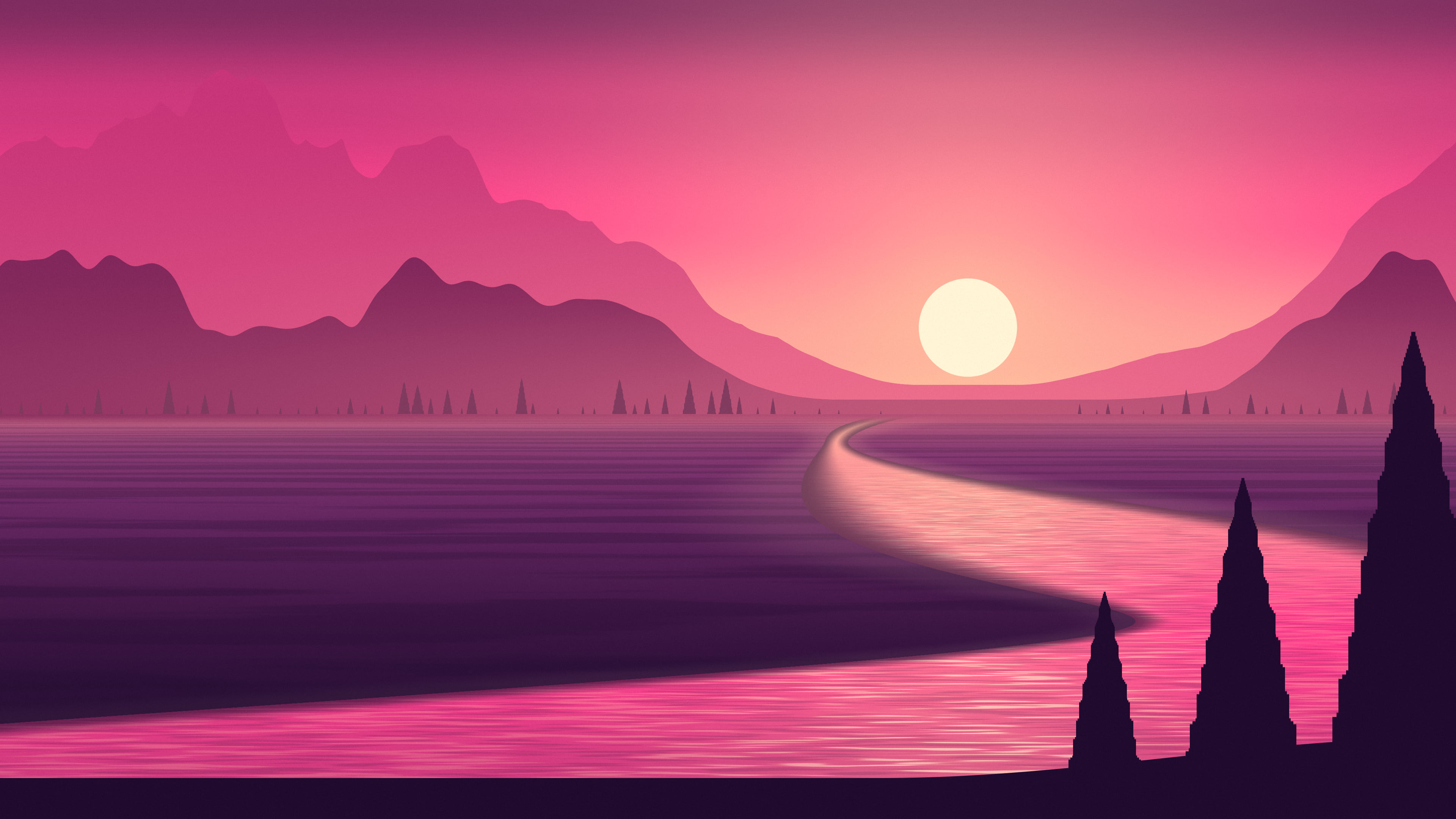 Hot Pink River Valley at Sunset desktop wallpaper in 4K
