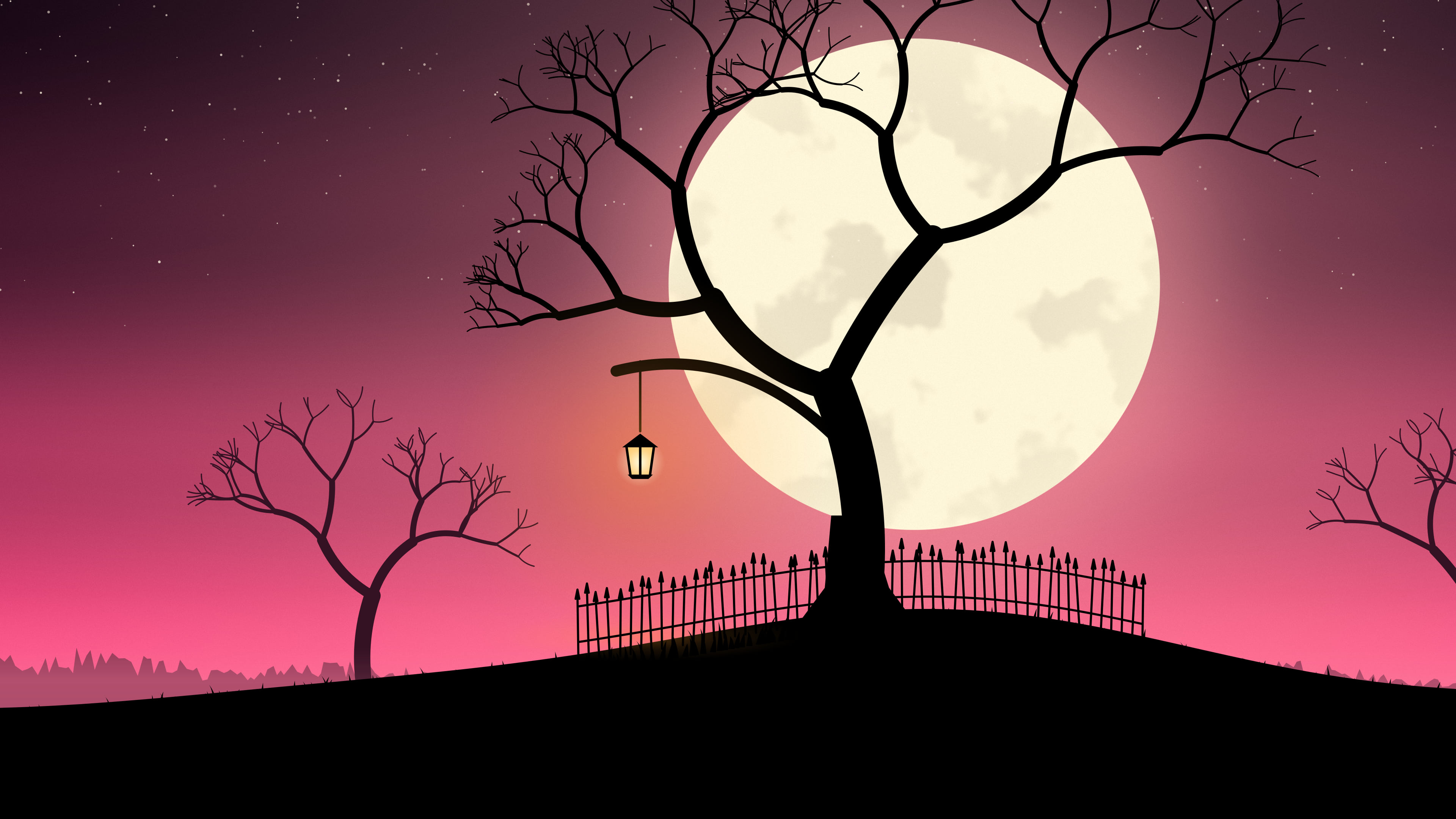 Hot Pink Spooky Tree and Moon desktop wallpaper in 4K