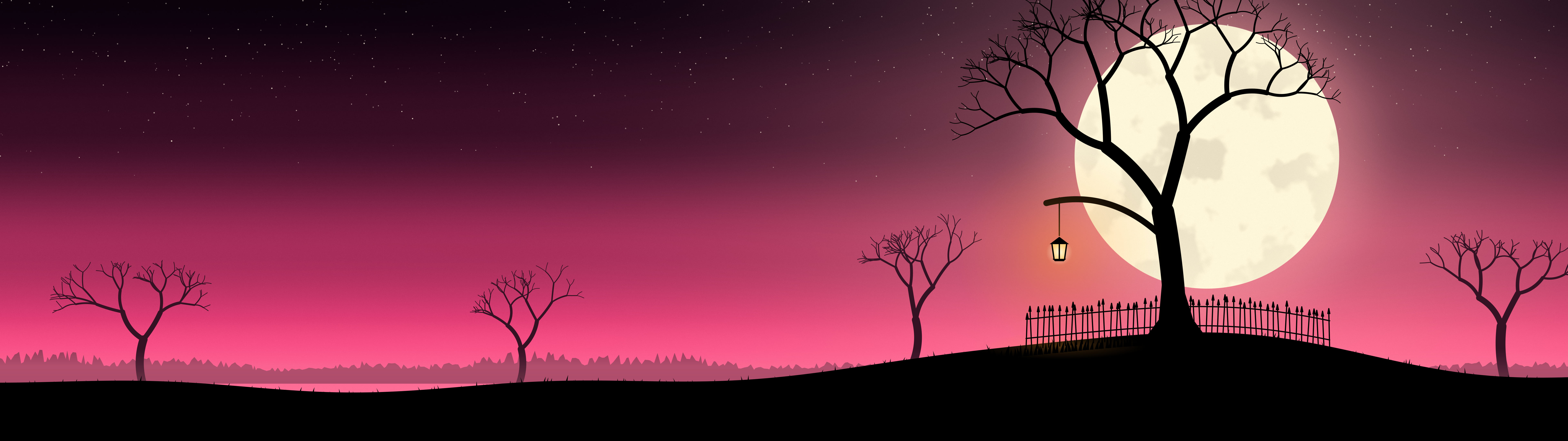 Hot Pink Spooky Tree and Moon dual monitor wallpaper, 7680 × 2160
