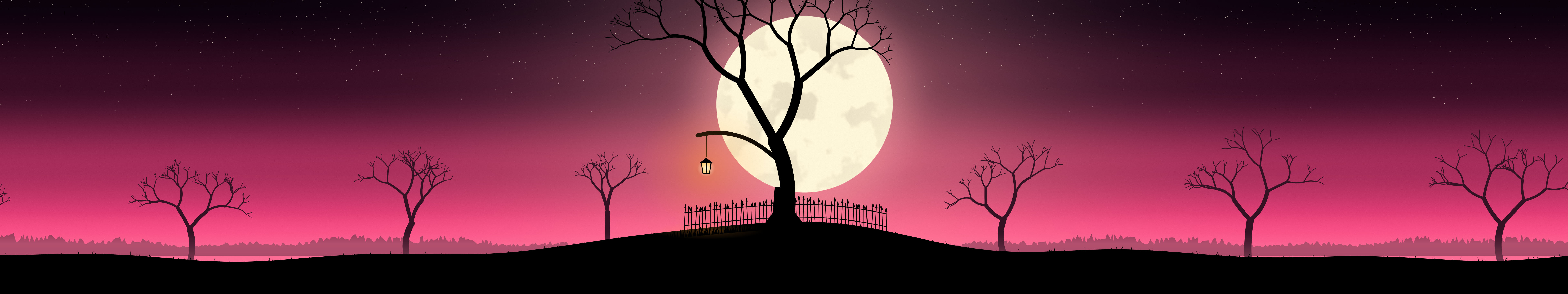 Hot Pink Spooky Tree and Moon triple monitor wallpaper, 7680 × 1440