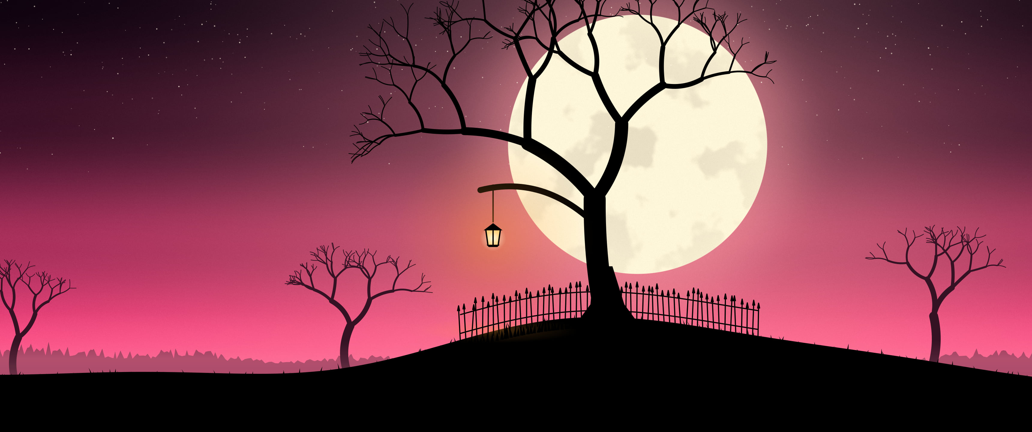 Hot Pink Spooky Tree and Moon ultrawide wallpaper, 3440 × 1440