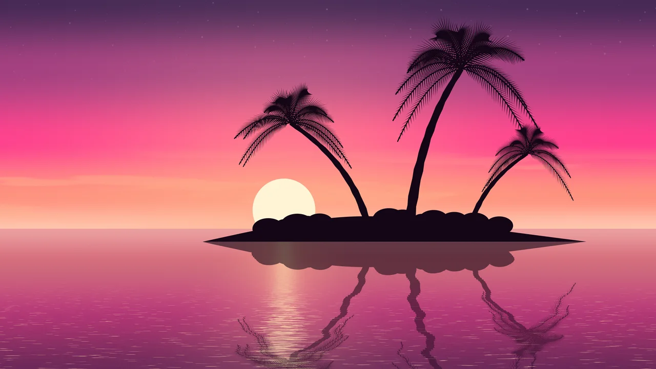 Hot Pink Tropical Island Sunset desktop wallpaper in 4K