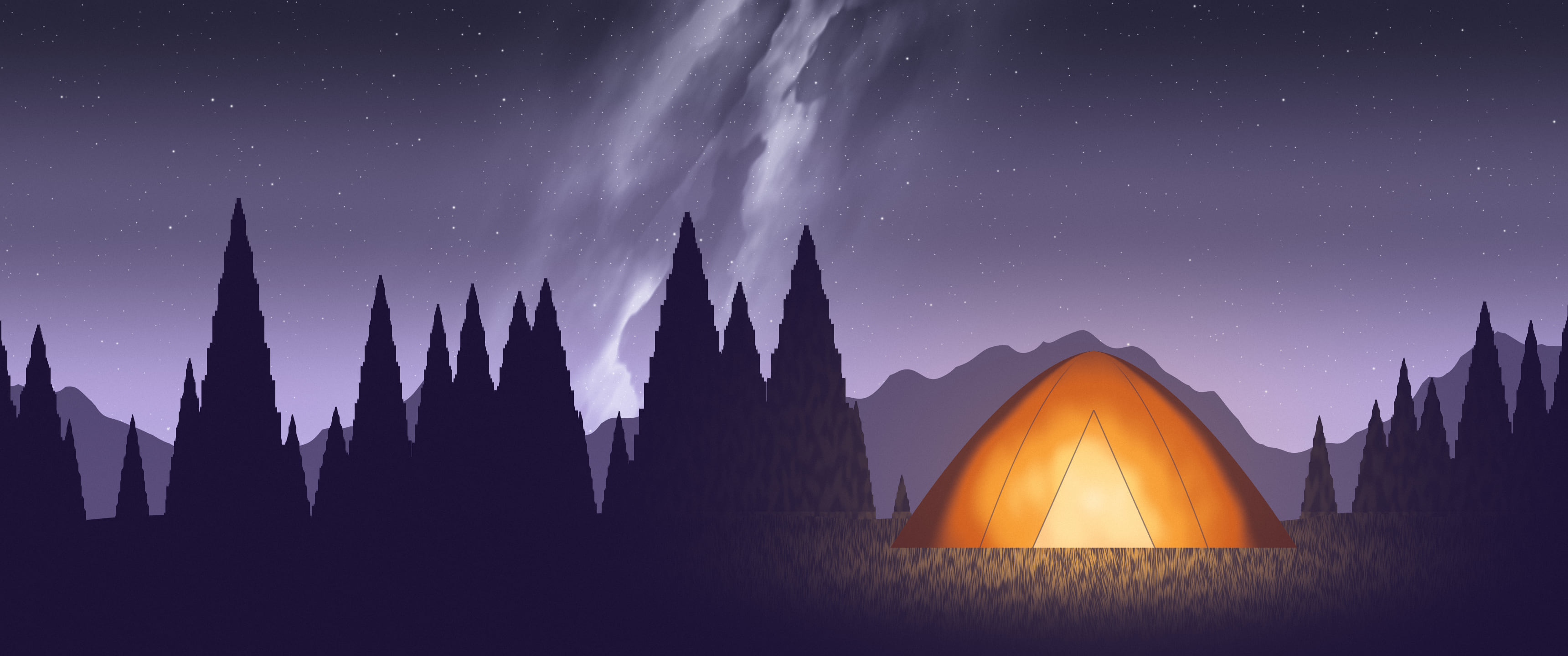 Lavender Camping Tent Under the Milky Way ultrawide wallpaper, 3440 × 1440