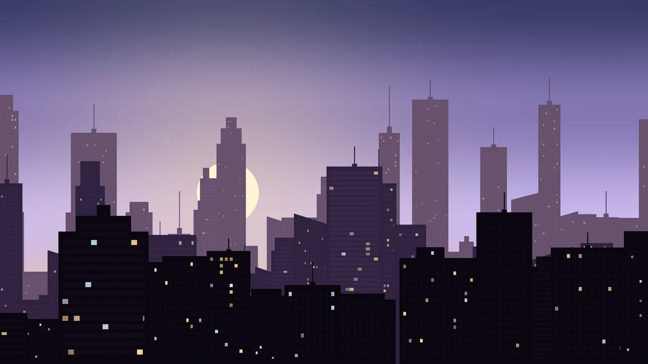 Lavender City Skyline Sunset desktop wallpaper in 4K