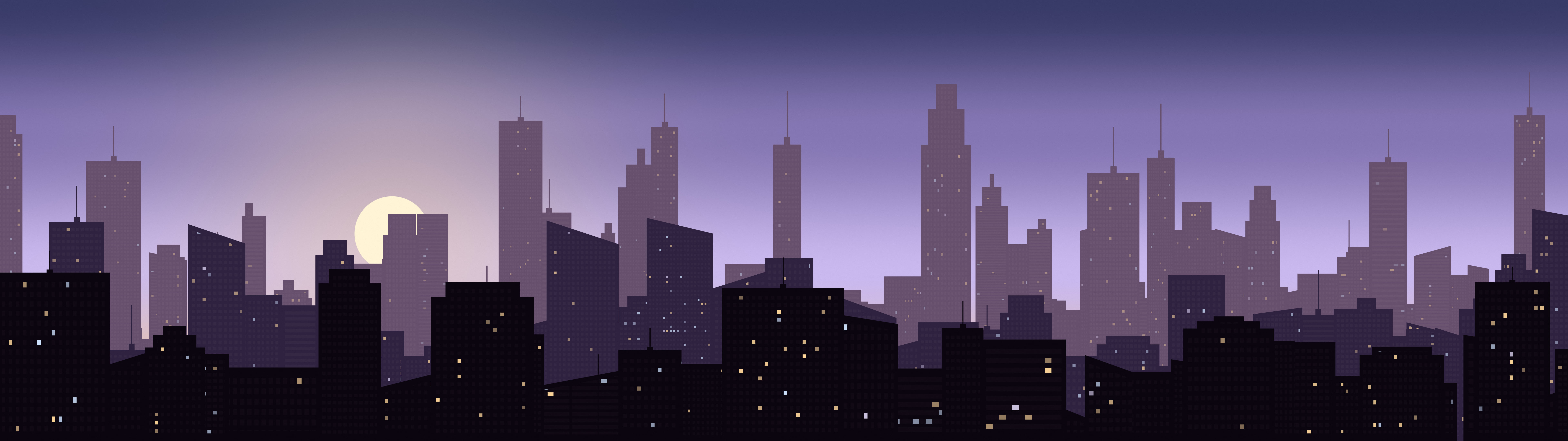 Lavender City Skyline Sunset dual monitor wallpaper, 7680 × 2160