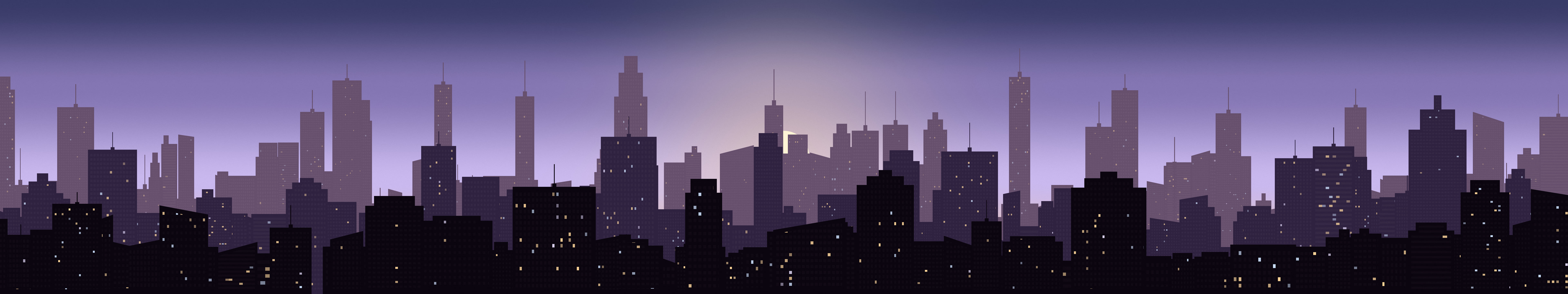 Lavender City Skyline Sunset triple monitor wallpaper, 7680 × 1440