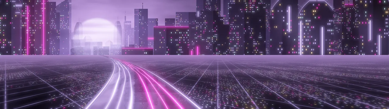 Lavender Cyberpunk Highway dual monitor wallpaper, 7680 × 2160