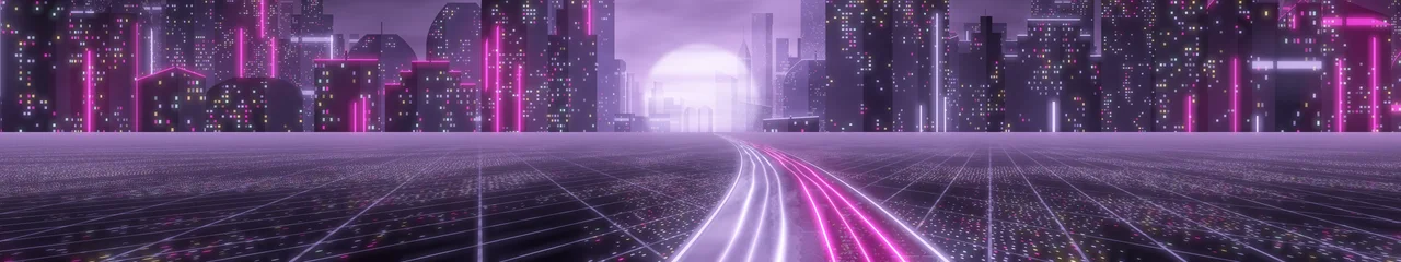 Lavender Cyberpunk Highway triple monitor wallpaper, 7680 × 1440