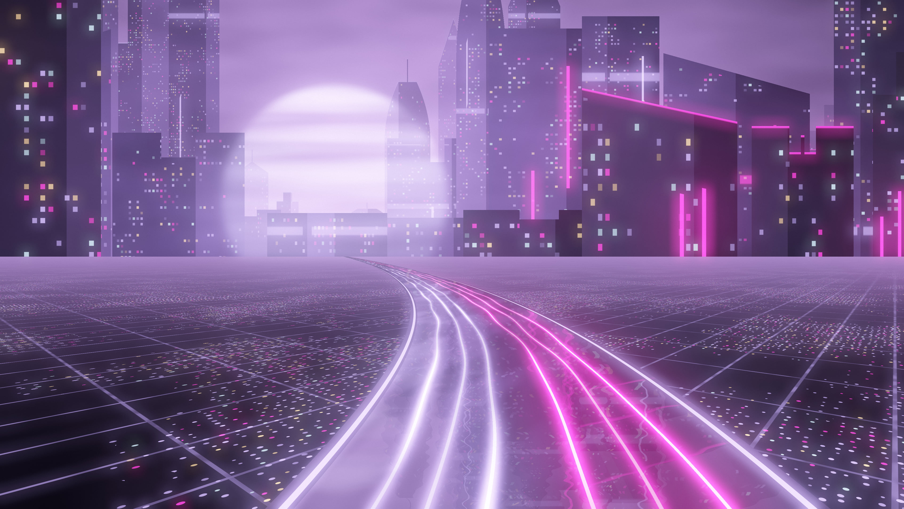 Lavender Cyberpunk Highway desktop wallpaper in 4K