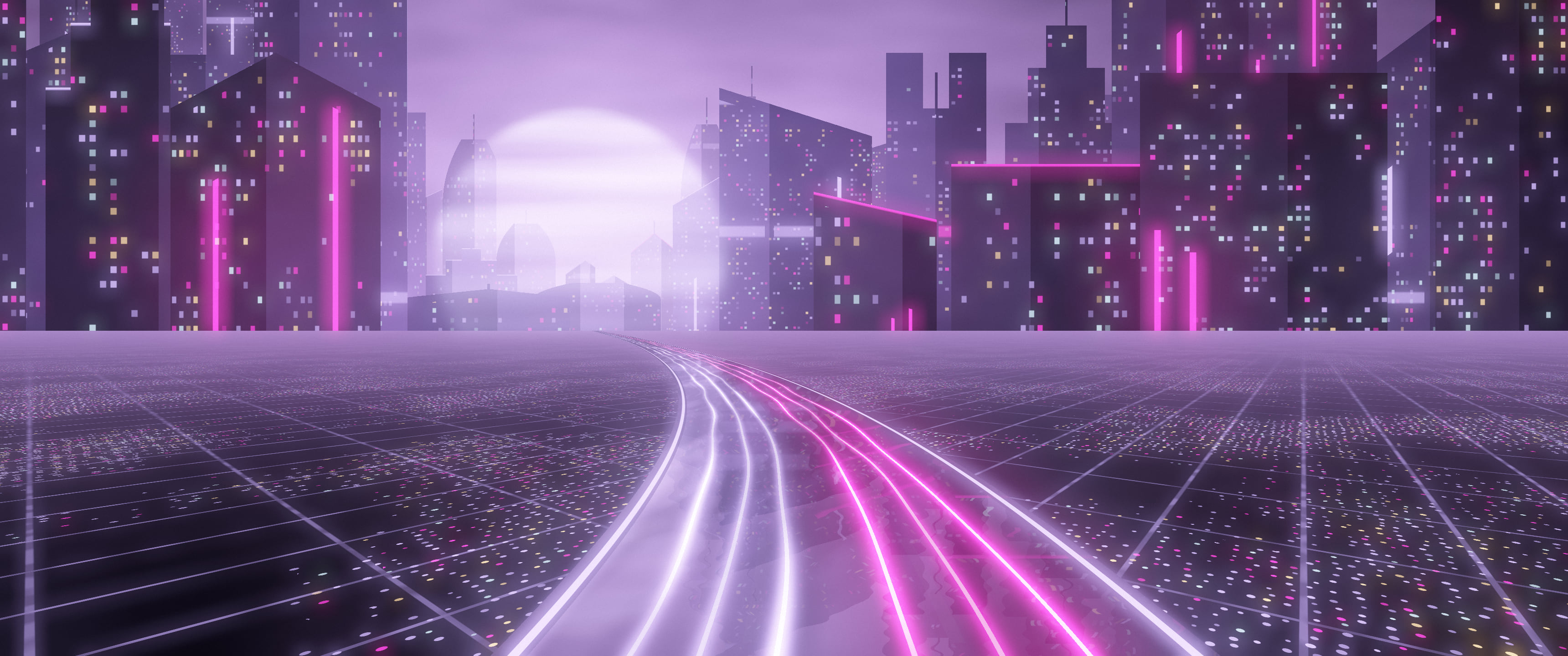 Lavender Cyberpunk Highway ultrawide wallpaper, 3440 × 1440