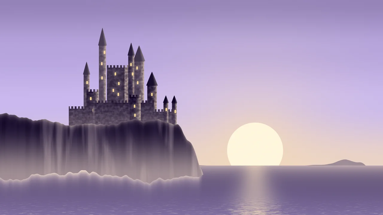Lavender Fantasy Castle at Sunset desktop wallpaper in 4K