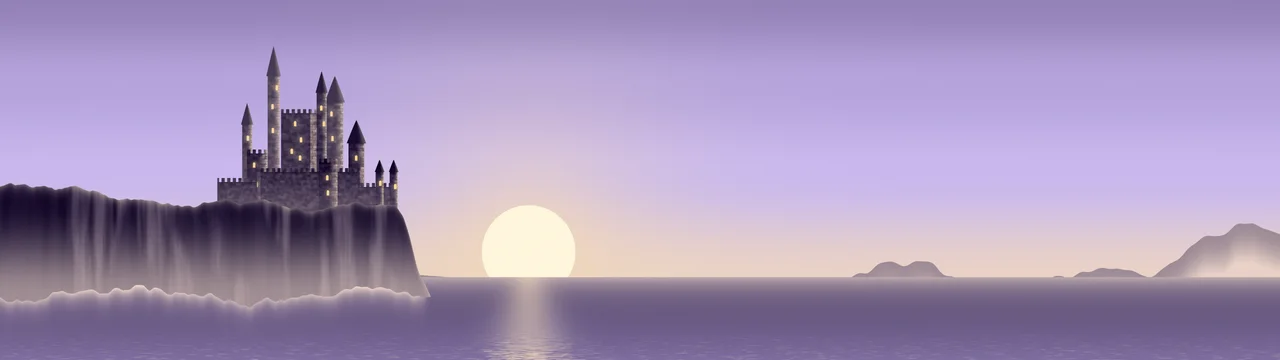Lavender Fantasy Castle at Sunset dual monitor wallpaper, 7680 × 2160