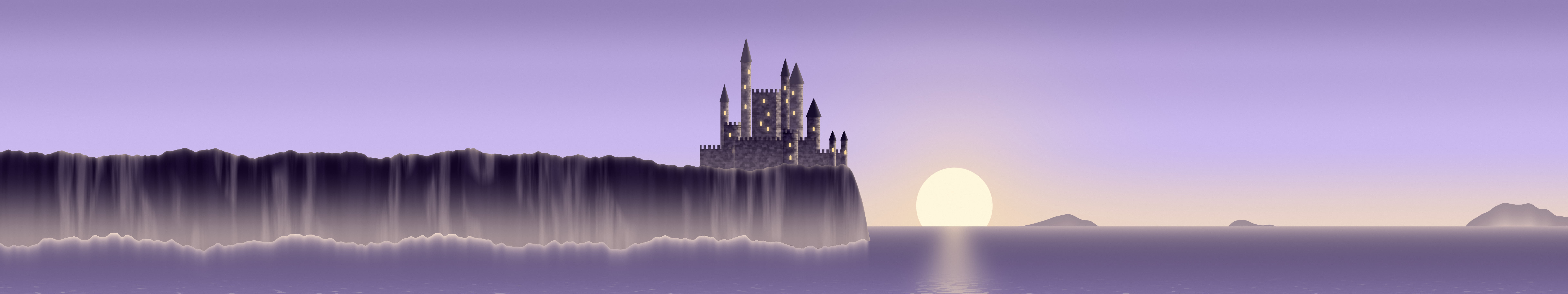 Lavender Fantasy Castle at Sunset triple monitor wallpaper, 7680 × 1440