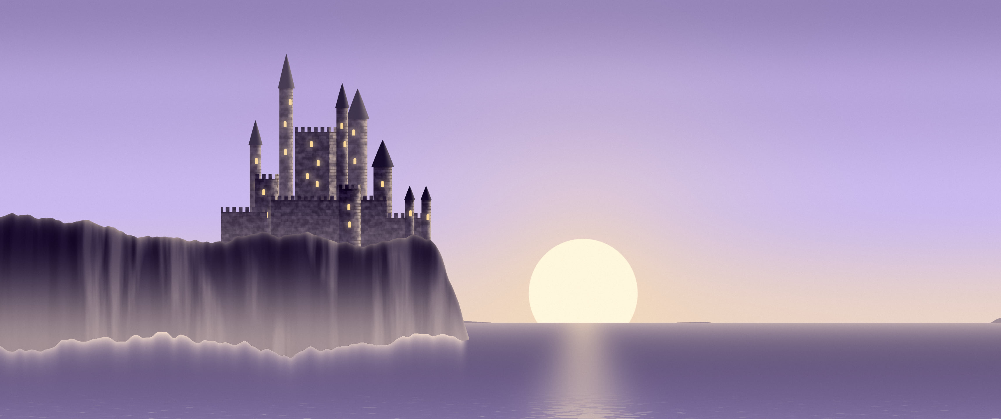 Lavender Fantasy Castle at Sunset ultrawide wallpaper, 3440 × 1440