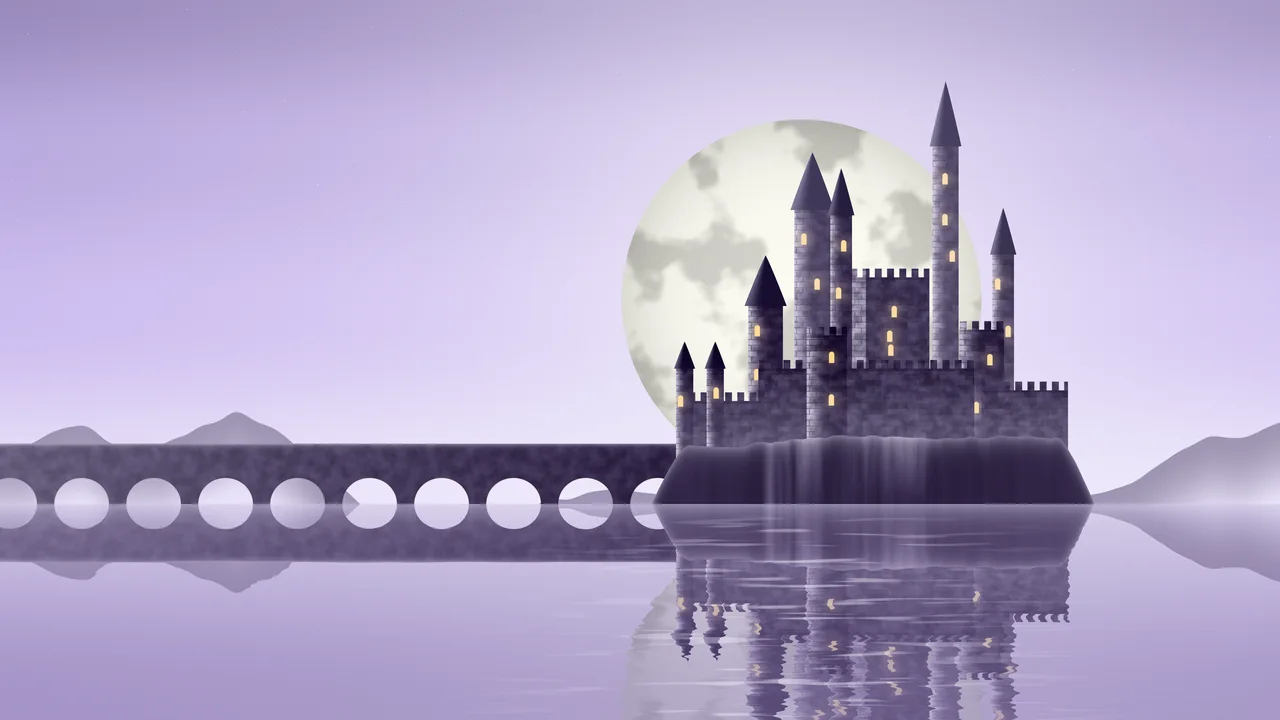 Lavender Fantasy Castle on a Lake desktop wallpaper in 4K
