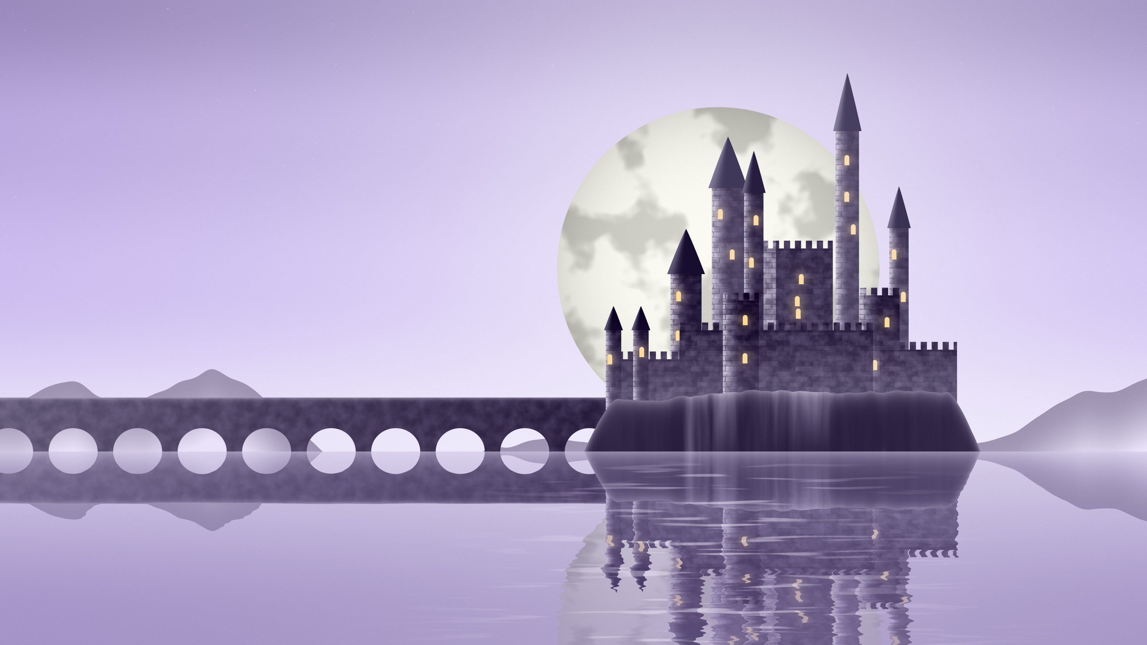Lavender Fantasy Castle on a Lake desktop wallpaper in 4K