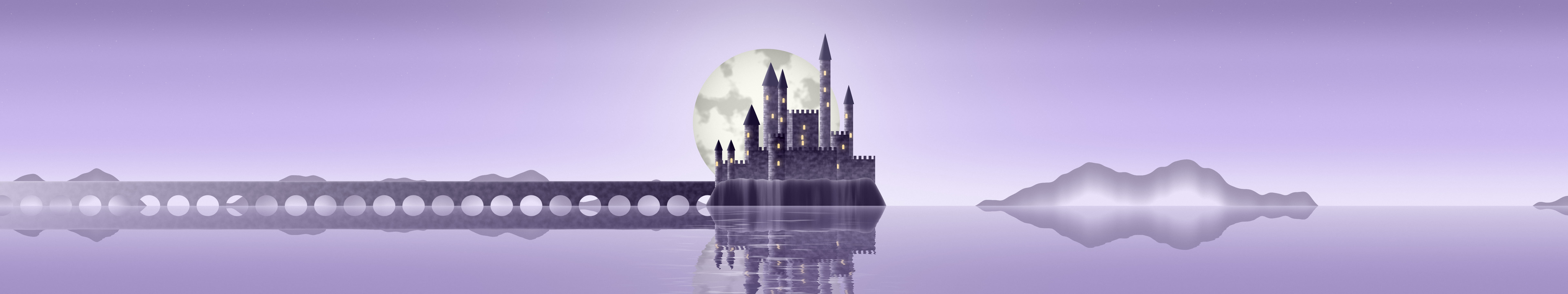 Lavender Fantasy Castle on a Lake triple monitor wallpaper, 7680 × 1440