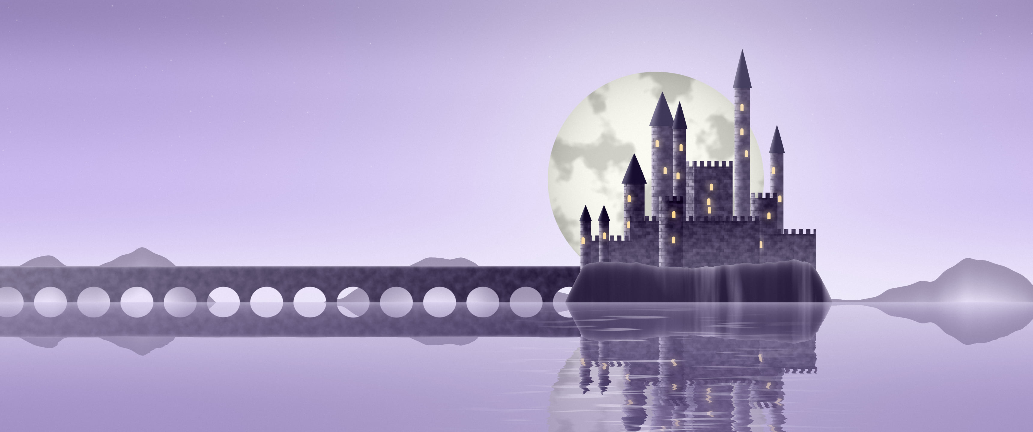 Lavender Fantasy Castle on a Lake ultrawide wallpaper, 3440 × 1440