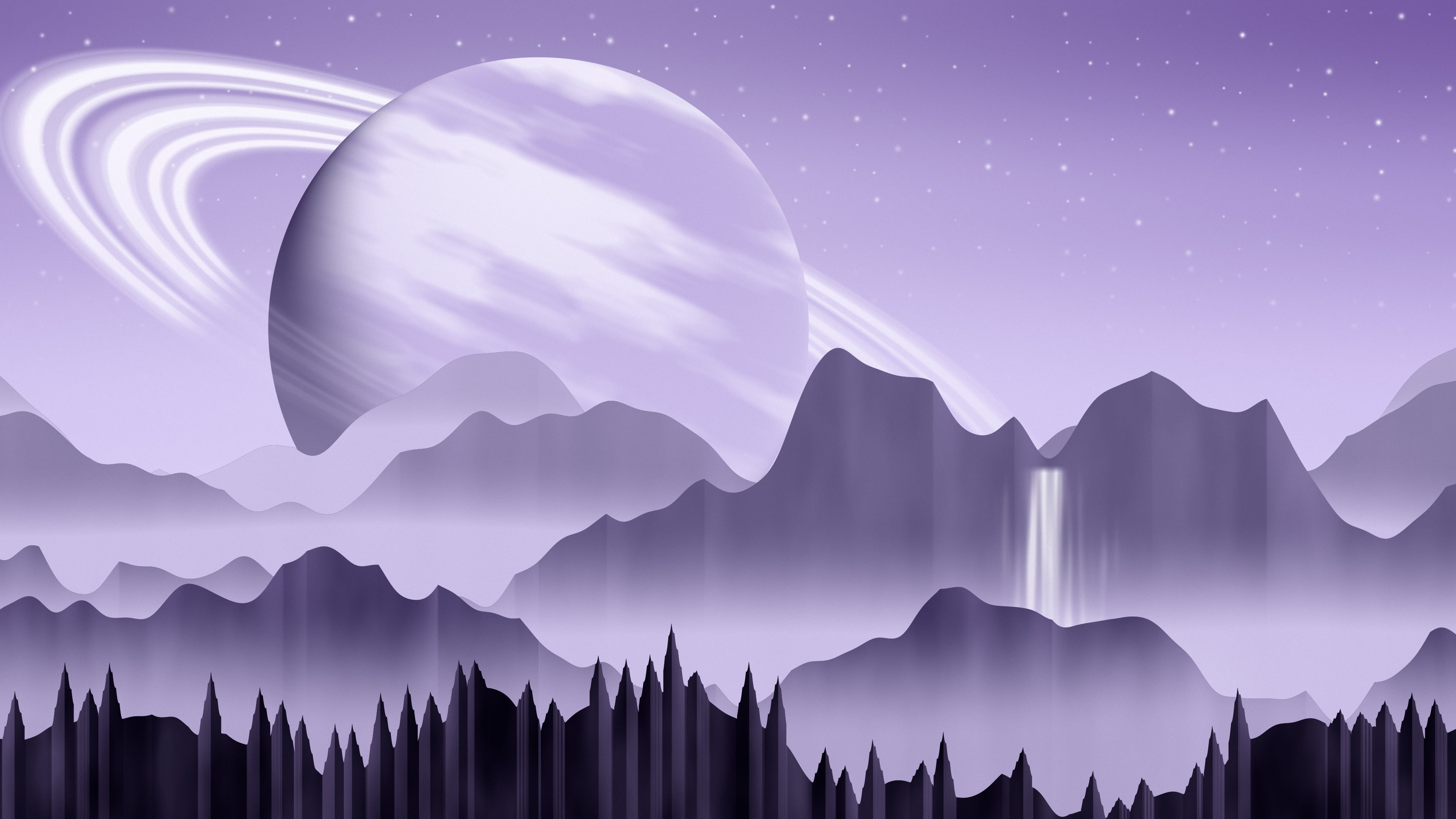 Lavender Fantasy Ringed Planet Valley desktop wallpaper in 4K