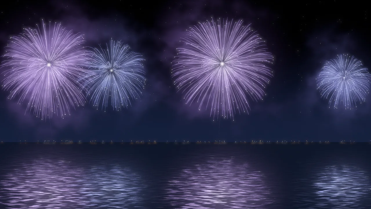 Lavender Fireworks Over Water desktop wallpaper in 4K