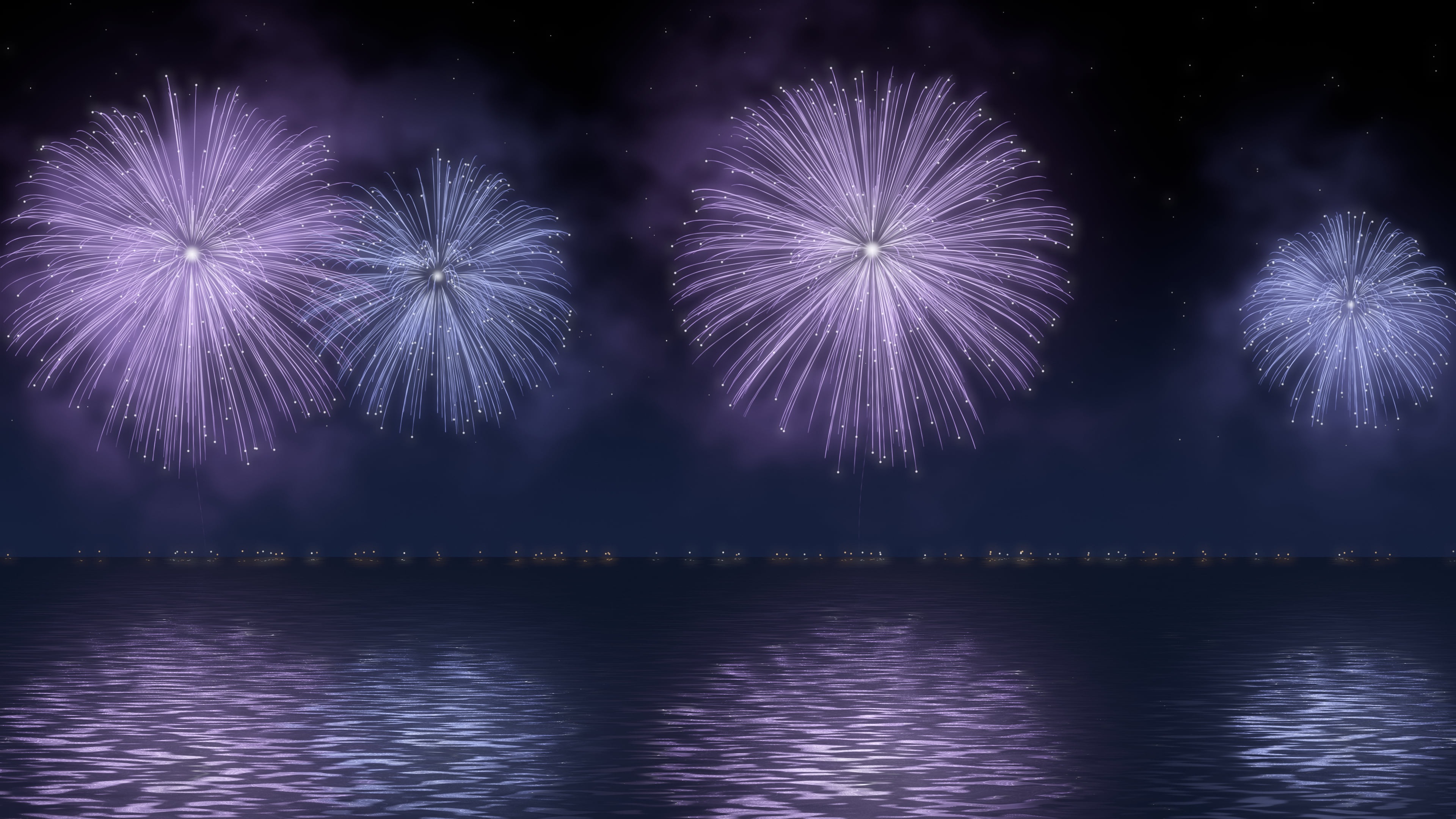 Lavender Fireworks Over Water desktop wallpaper in 4K