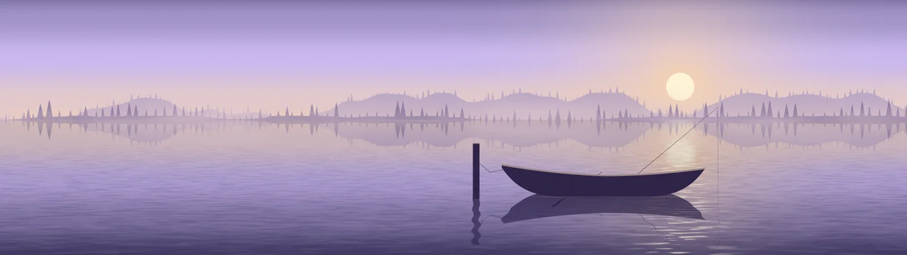 Lavender Fishing Rowboat on a Misty Lake dual monitor wallpaper, 7680 × 2160