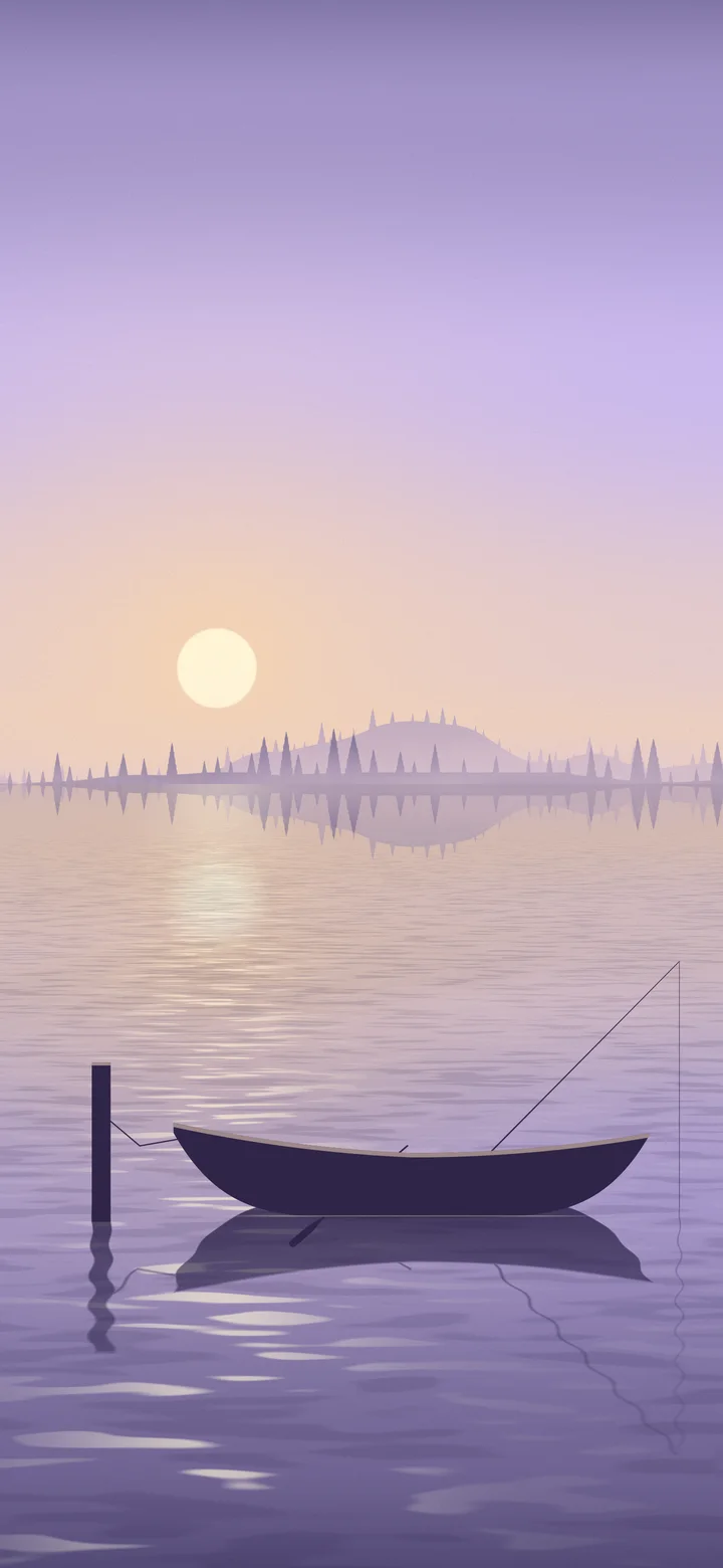 Lavender Fishing Rowboat on a Misty Lake wallpaper for iPhone and Android