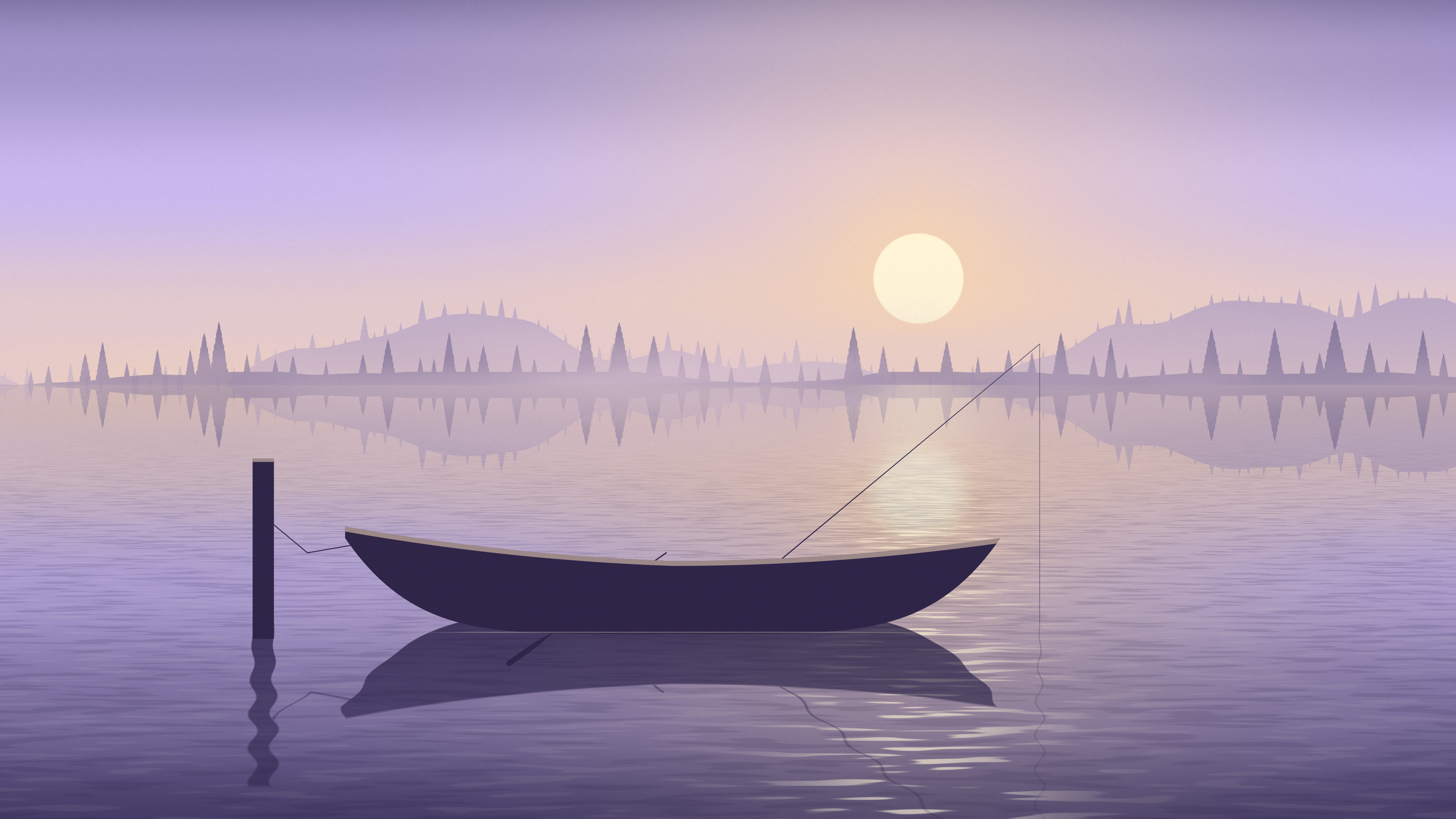 Lavender Fishing Rowboat on a Misty Lake desktop wallpaper in 4K