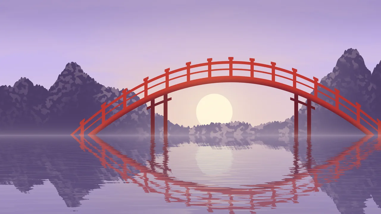 Lavender Japanese Garden Bridge desktop wallpaper in 4K